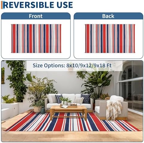 GAOMON 9x18 Outdoor Rug for Patio Waterproof Plastic Straw Large Rug Geometric Stripe Indoor Outdoor Area Rug Modern Lines Outside Carpets for Backyard Balcony Trailer Beach, Red Navy White - Image 3