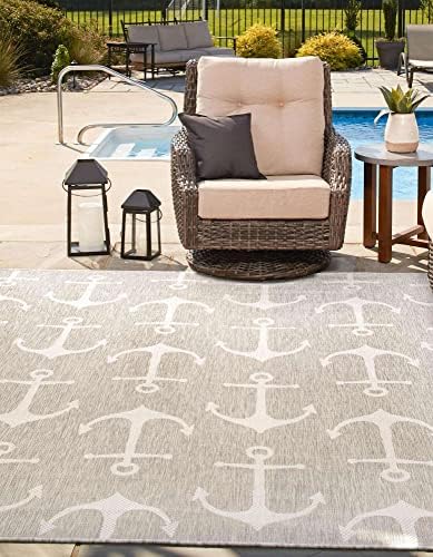Unique Loom Outdoor Coastal Collection Area Rug - Ahoy (10' Square, Gray/ Ivory) - Image 4