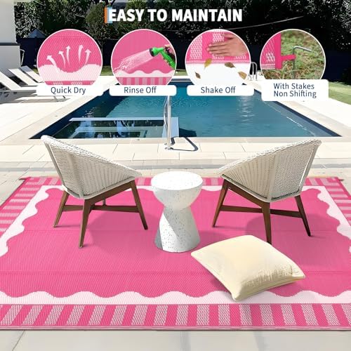 Garvee Scalloped RV Outdoor Rugs 8x10 Patio Rugs Outdoor Waterproof, Pink - Image 5