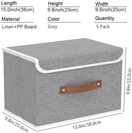 Yawinhe Fabric Storage Boxes with Lids,Grey,15.0x9.8x9.8in,5-Pack - Image 4