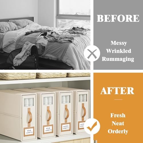 6 Pack Foldable Bed Sheets Set Organizers and Storage(King & Queen Size),Linen Fabric Closet Organizers with Window,Folding Bedding Storage Box for Bedsheets and Pillow Cube Organizer-Beige - Image 2