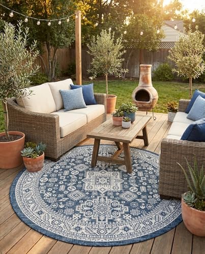 Rugs.com - Outdoor Aztec Rug – 8 Ft Round Blue Indoor/Outdoor Rug – Weather-Resistant Flatweave for Patios, Decks, and Porches by Rugscom