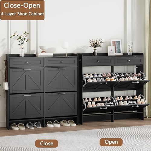 Shoe Cabinet with 4 Flip Drawers & 2 Top Drawers, 43" Tall Freestanding Narrow Wooden Shoe Storage Organizer for Entryway, Hidden Slim Shoe Rack for Front Door Entrance, Hallway, Living Room, Black - Image 4