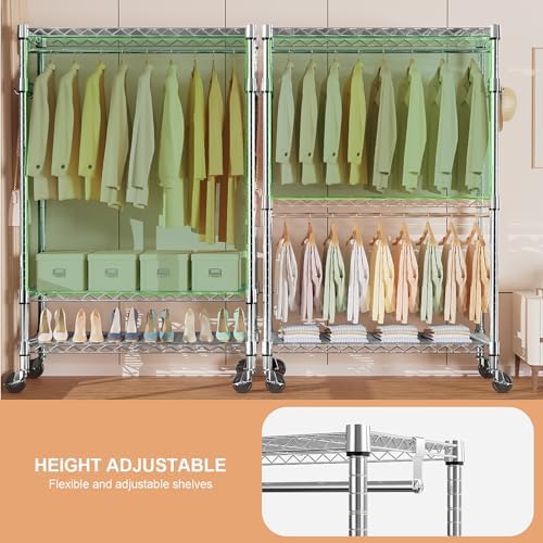 M MZG Heavy Duty Rolling Garment Rack 3 Tiers Adjustable Wire Shelving Clothes Rack with 2 Rods and Side Hooks, Storage Closet Clothing Rack with Wheels Chrome 17.7" D x 47.2" W x 83.6" H - Image 3
