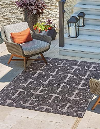 Unique Loom Outdoor Coastal Collection Area Rug - Ahoy (6' 1" x 9' Rectangle, Charcoal/ Ivory) by UniqueLoom