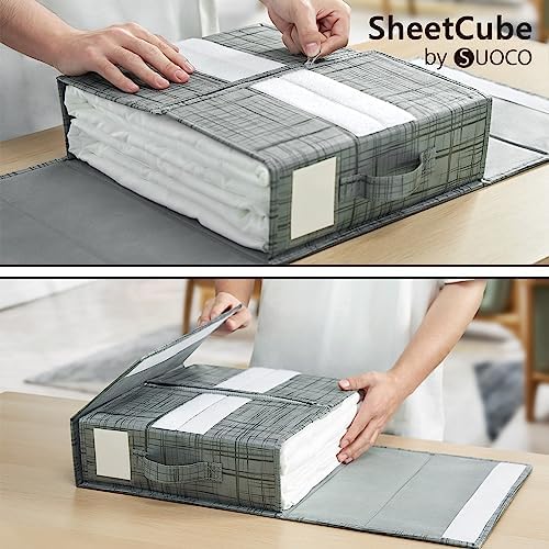 SUOCO SheetCube Bed Sheet Organizers and Storage 8 Pack, Foldable Linen Closet Organizer with Window and Label, Bedding Storage Box Container for, Duvet Cover Set, Bed Sheet Set - Pattern Grey - Image 3