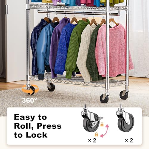 M MZG Heavy Duty Rolling Garment Rack 3 Tiers Adjustable Wire Shelving Clothes Rack with 2 Rods and Side Hooks,Storage Closet Clothing Rack with Wheels Chrome 15.7" D x 45.3" W x 79.6" H - Image 3