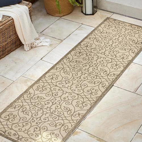 Eyely Filigree Weave Runner Rug 2X8 Beige/Brown, Indoor Outdoor Rug by eyely