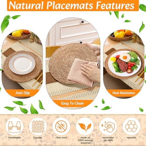 4 Sets Boho Placemat Table Runner Napkin Rings, Caramel, 12x72 - Image 5