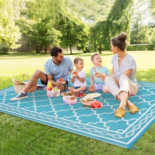 Outdoor Rug 9x12 Reversible Patio Rugs Outdoor Plastic Straw Rug Moroccan Trellis Washable Rugs Waterproof for Deck RV Outside Carpet for Patio Backyard Picnic Camp Beach Balcony Blue White - Image 4