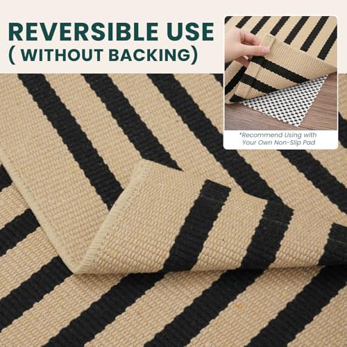 KOZYFLY 4x6 ft Brown and Black Striped Rug Front Door Rug Cotton Woven Rugs - Image 4