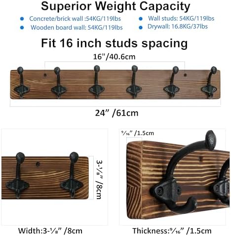 WEBI Rustic Coat Rack Wall Mount,24" Long 6 Cast Iron Coat Hooks Wall Mounted,Heavy Duty Farmhouse Wood Coat Hanger Wall Antique Vintage Hooks for Hanging Jacket,Clothes,Backpack,Brown - Image 3