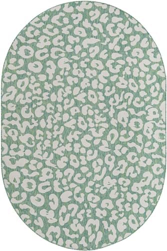 Unique Loom Outdoor Safari Collection Area Rug - Leopard (6' 1" x 9' Oval Green Blue/Ivory) - Image 2