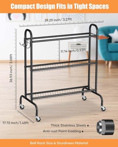 EXTCCT Basketball Rack with Wheels, 3 Tier Garage Ball Storage Organizer - Image 5