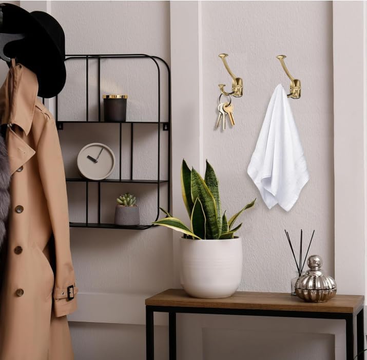 Brushed Brass Hooks Large Wall Mounted Decorative Solid Heavy-Duty Double-Sided Coat Hooks Triple Coat Hook Towels Coats Robes Towels Bag Bathroom Three Prong Coat Hook (10 Pack) - Image 5
