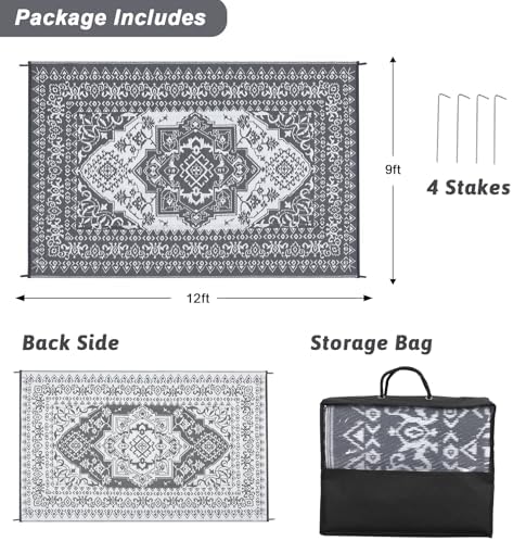 COZYLOOM Outdoor Rug 9 x 12 Plastic Straw Rug, Waterproof Vintage Oriental Patio Carpet, UV-Resistant Reversible Mat, Large Outside Rug for Backyard, RV, Deck, Picnic, Garden, Balcony, Grey & White - Image 2