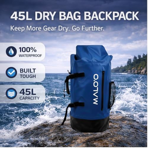 Malo’o 45L Waterproof Dry Bag Backpack – Heavy Duty Roll Top Fishing & Beach Backpack, IPX6 Water Resistant Gear Bag for Kayaking, Camping, Surf, Travel & Outdoor Adventure - Image 2