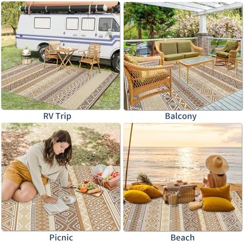 Boho 8x10 Plastic Straw Rug Reversible Mat Outdoor Bohemia Area Rug Waterproof Patio Rugs Outdoor Camping Rugs for RV Porch Deck Camper Balcony Backyard Easy Clean Picnic Mat, Brown Tan - Image 7
