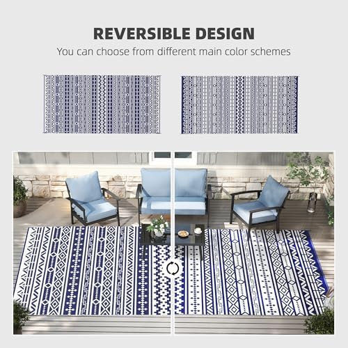 Outsunny Outdoor Rug for Patio Waterproof 9' x 18' Blue & White Geometric - Image 4