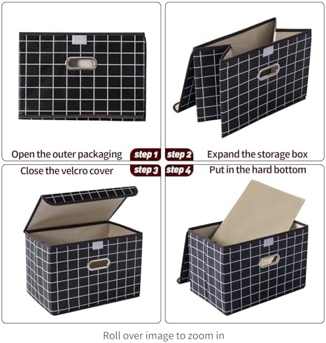 STOREONE Fabric Storage Cube Bins Foldable Organizer Container Collapsible Basket with Lids and Metal Handles, for Home, Bedroom, Closet 6 Pcs (Black grid) - Image 7
