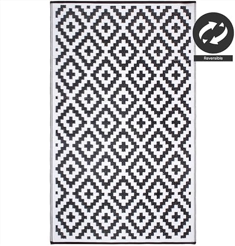 FH Home Outdoor Rug - Waterproof, Fade Resistant, Reversible - Premium Recycled Plastic - Geometric - Patio, Deck, Porch, Balcony, Laundry Room - Aztec - Black & White Crease Free - 4 x 6 ft - Image 5