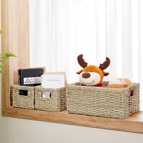 Vagusicc Wicker Basket, Set of 3 Hand-woven Storage Baskets for Organizing, Seagrass Wicker Storage Basket Bins with Handles, Small Toilet Paper Storage Baskets for Shelves Pantry Baskets (Seagrass) - Image 7