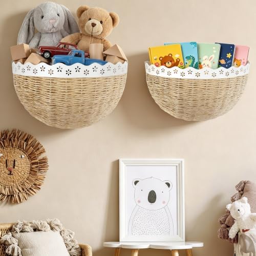 XSZ Scalloped Wall Baskets - 2 Pcs Woven Boho Wall Decor, Front Door Baskets Hanging Storage for Entryway, Living Room & Kitchen, Sturdy Steel Frame Wall Organizer for Home (16" & 14") - Image 2