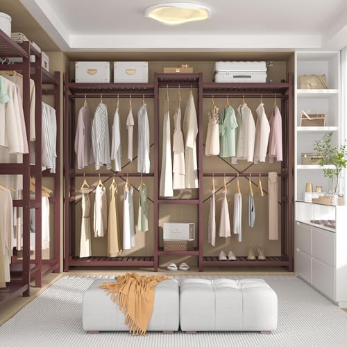 Homykic Bamboo Clothing Rack with 7 Shelves, 5 Rods, 70” Wide, Espresso - Image 3