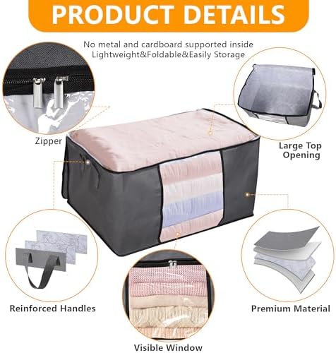 10 Pack Clothes Storage Bags, 90L Large Blanket Storage Bag Comforter Storage Bin with Reinforced Handle and Lid Foldable Closet Organizer and Storage Containers for Bedding Pillows Sheets and Duvet - Image 4