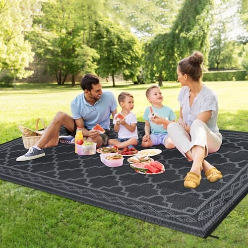 Reversible Mat 8x10 Plastic Straw Rug Outdoor Moroccan Trellis Area Rug Waterproof Patio Rug Outdoor Camping Rug for RV Porch Deck Camper Balcony Backyard Easy Cleaning Picnic Mat Black Grey - Image 3