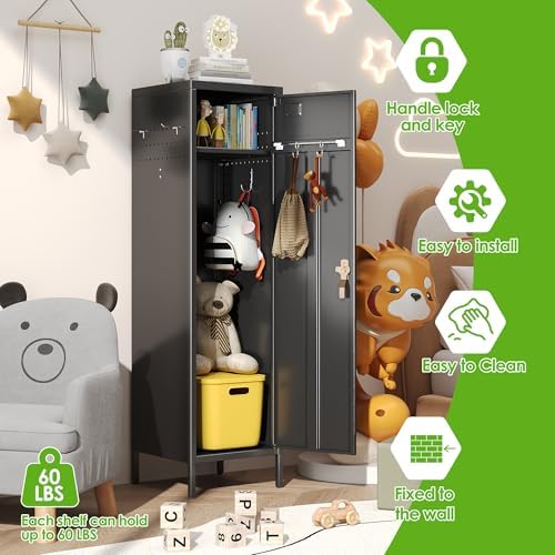 SUPEER 1-Door Metal Locker with Lock, Pegboard, Hooks and Hanging Rod - Image 4