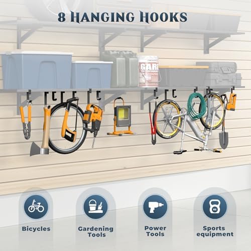Jusgym 2 Pack Heavy Duty Garage Wall Shelving with 8 Hooks, 1x4ft, 500lbs - Image 4