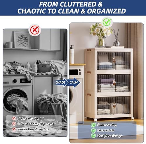 SAILUN 381Qt Extra Large Stackable Storage Bins Folding Collapsible Storage Bins with a Lid, Closet Organizers and Storage Blush White 28" W x 17" D x 46" H - Image 2