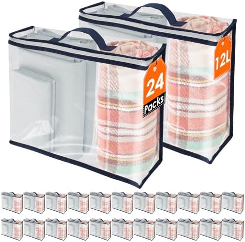 24 Pack Clear Storage Bags with Zipper,12L Plastic Blanket Storage Bags Waterproof Moving Bags Foldable Closet Organizer Handle for Clothing Bedding Linen Sweater Bed Sheet Clothes,15.7x11.8x3.9 Inch by TKSDWBLTY