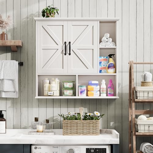 Bathroom Wall Cabinet, Farmhouse Medicine Cabinet with Doors, Rustic White - Image 4