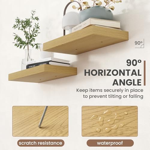 Acovy 24 Inch Floating Shelves, 8 Inch Deep Floating Shelves for Wall, Hanging Shelf with Invisible Brackets, Deep Shelves for Bathroom, Bedroom, Living Room, Oak, Set of 2 - Image 6