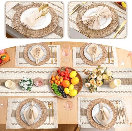 6 Sets Boho Placemat Table Runner Napkin Rings, Brown, 12x72 - Image 5