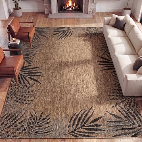 JONATHAN Y Tuscan Sun Polypropylene Indoor Outdoor Area Rug, Brown and Dark Gray Isla Coastal Cottage Palm Frond Border Design, 7'9" x 10', Durable Low-Pile for Patio or Entryway TSN207E-8 - Image 3