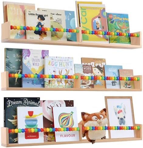 birola Nursery Book Shelves Set of 3,Wood Floating Book Shelves for Wall,Wall Book Shelf for Kids，Bathroom Decor, Kitchen Spice Rack (Five-Color Beads) by birola