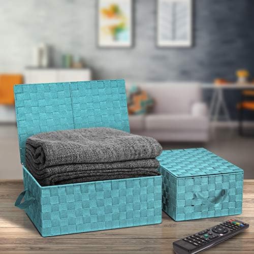 Sorbus Woven Storage Basket with Lid, Set of 3 (Aqua) - Image 2