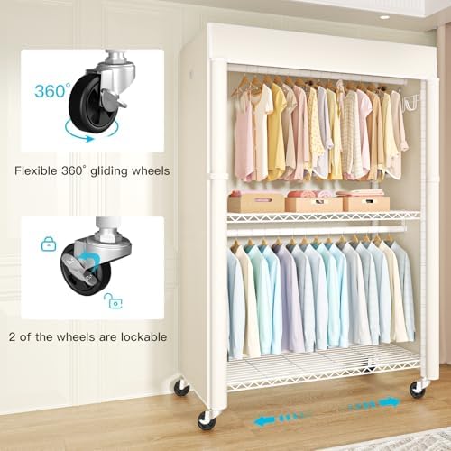 FUTASSI White Clothing Rack with Beige Cover, P1C Plus Rolling Closet - Image 4