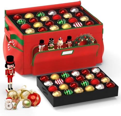 Ornament Storage Box, Large Christmas Ornament Storage Box, Stores 72 4'' Ornaments , Ornaments Storage Containers with 3 Trays, Durable and Portable, 600D Tear-Proof Material, Extra Pockets Red by powerfulxishan