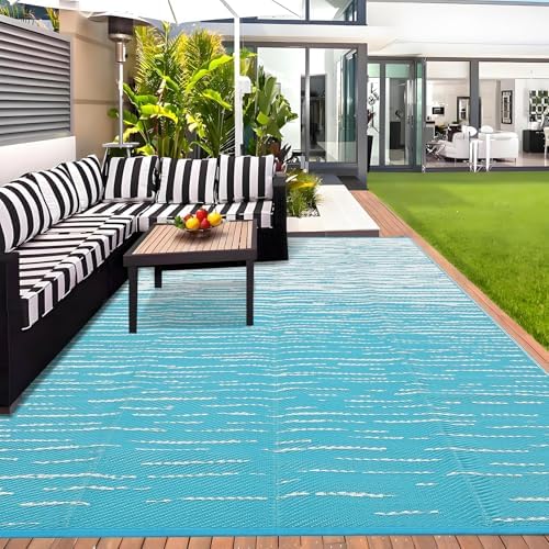 Outdoor Rug 6x9 Waterproof Patio Rugs Abstarct Line Reversible Mat for Front Door Rv Foldable Plastic Straw Carpet for Travel Trailers, Deck, Picnic, Porch, Camper, Balcony, Beach，Light Blue - Image 3