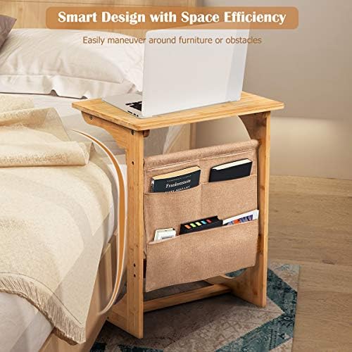Tangkula Bamboo TV Tray Table for Living Room, Sofa Side Table, Snack End Table w/Storage Bag, C-Shaped Bed Side Table, Multifunctional Bedside Table for Home, Office - Image 5