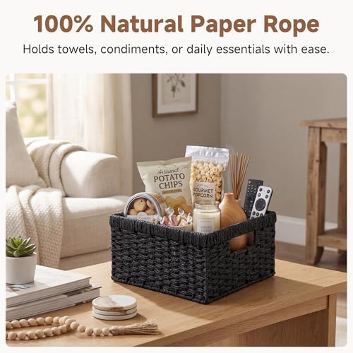StorageWorks Wicker Baskets with Handles, Paper Rope Black Baskets, 2-Pack - Image 4