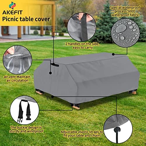 AKEfit Waterproof Picnic Table Covers Heavy Duty Oxford Cloth Wind Dust Proof Anti-UV Outdoor Indoor Patio Picnic Table Bench Cover 70/72 Inch,Grey - Image 4