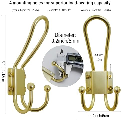 WEBI Coat Hooks Wall Mount,5 mm Thick,10 Large Triple Gold Hooks,Heavy Duty Metal Backpack Wall Hooks for Hanging Clothes,Robe,Towel,Closet,Farmhouse,Mudroom,Gold - Image 3