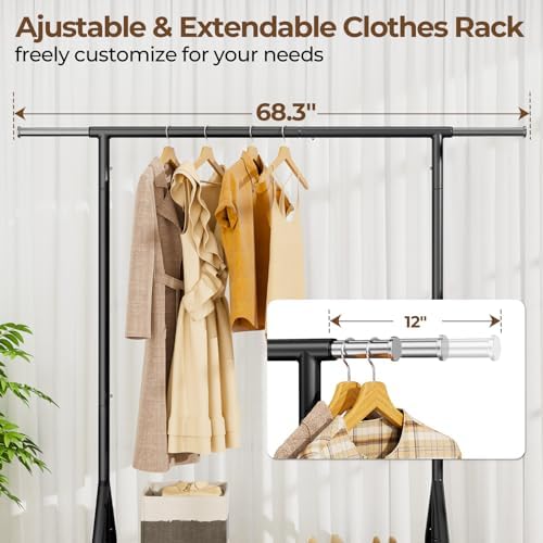 HYSEYY Heavy Duty Clothes Rack Load 450 LBS, Metal Garment Rack, Standing Rolling Clothing Rack for Hanging Clothes with Sturdy Wheels & Shelves, Portable Closet Wardrobe Rack,Black - Image 3