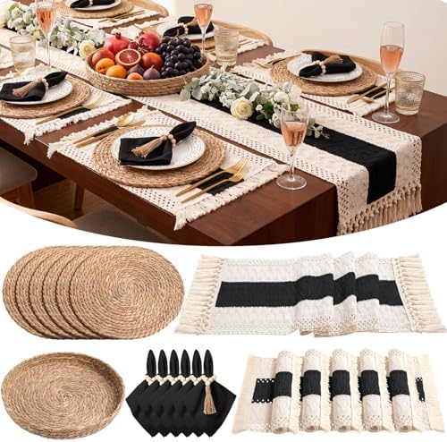 6 Sets Boho Placemat Table Runner Napkin Rings, Black, 12x72 by Gandeer