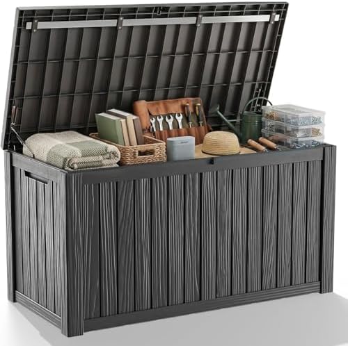 Outdoor Waterproof Resin Storage Deck Box Lockable Outside Bench UV Resistant Bin Patio Porch Furniture Pool Float Garden Tool Cushion (Black, 180 Gallon) by MAIUSCOLI